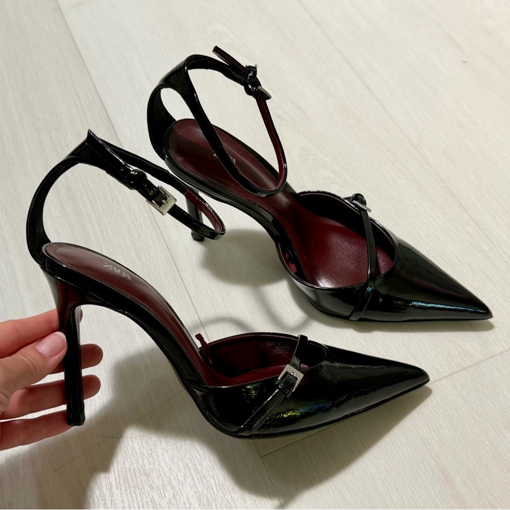 Zara Black Patent Leather Pointed Toe High Heel Pumps with Ankle Strap